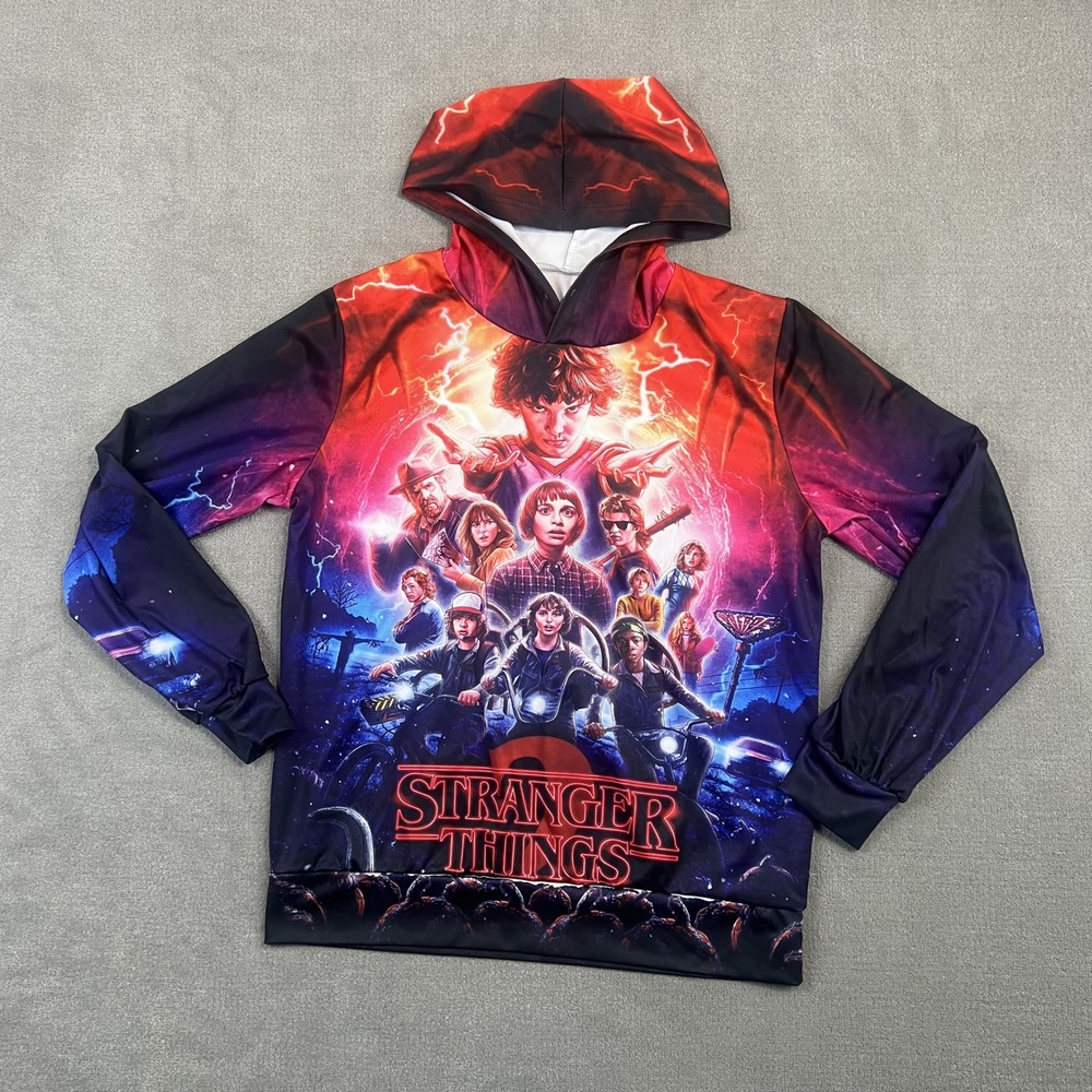 Stranger Things Hoodie Mens Large Season 2 All Over Print Graphic Pullover Red